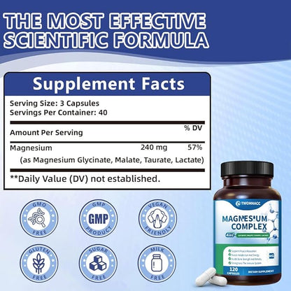 Magnesium Complex Supplement 120 Capsules of Magnesium Glycinate Malate Taurate Lactate Chelated and Purified Bone Heart Sleep Support 240 mg