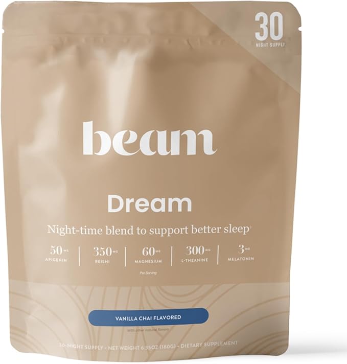 Beam Dream Sleep Powder, Natural Sleep Aid and Magnesium Hot Cocoa Drink for Adults, Calming Sleep Supplement with Apigenin, Nighttime Sleep Drink Powder, Third Party Tested Supplement, 30 Servings