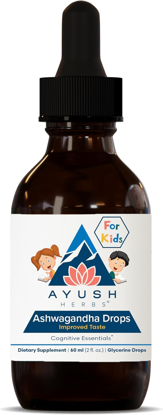 Ayush Herbs Ashwagandha Drops for Kids & Adults - Alcohol-Free Ashwagandha Drops, Calming Daily Supplement for Calm Focus with Organic Ashwagandha, Lemon Flavor - 2 Fl Oz (80 Servings)