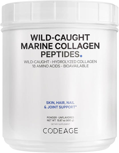 Codeage Marine Collagen Powder - Wild-Caught Hydrolyzed Fish Collagen Peptides - Type 1 & 3 Collagen Protein Supplement - Amino Acids for Skin, Hair, Nails - Paleo Friendly, Non-GMO, 15.87 Ounces