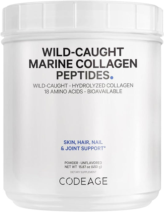 Codeage Marine Collagen Powder - Wild-Caught Hydrolyzed Fish Collagen Peptides - Type 1 & 3 Collagen Protein Supplement - Amino Acids for Skin, Hair, Nails - Paleo Friendly, Non-GMO, 15.87 Ounces