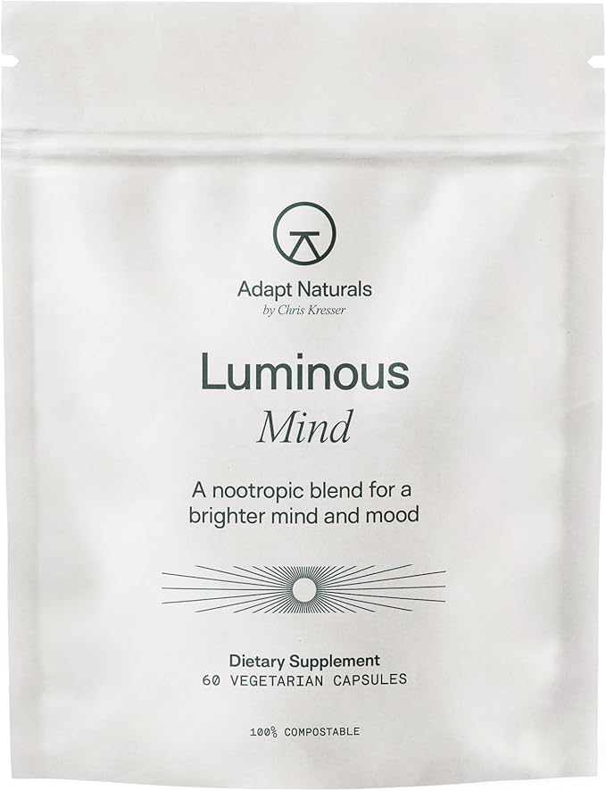 Adapt Naturals Luminous Mind Nootropic Brain Supplement with Ginkgo Biloba, Bacopa and Lions Mane | Memory, Focus, Mental Clarity and Elevated Mood Support | No Caffeine, Crash Free - 30 Days Supply