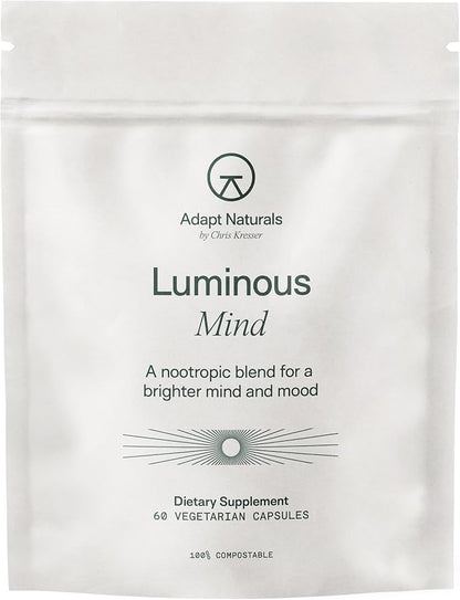 Adapt Naturals Luminous Mind Nootropic Brain Supplement with Ginkgo Biloba, Bacopa and Lions Mane | Memory, Focus, Mental Clarity and Elevated Mood Support | No Caffeine, Crash Free - 30 Days Supply