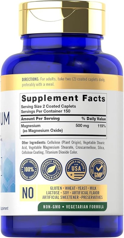 Carlyle Magnesium 500mg | 300 Coated Caplets | Vegetarian, Non-GMO, and Gluten Free Supplement