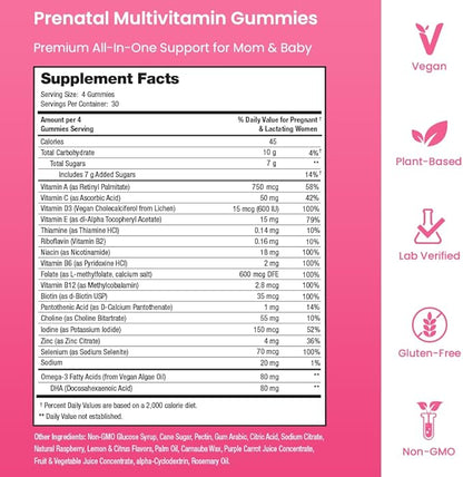 Prenatal Vitamin Gummies with DHA | Vegan Prenatal Vitamins for Women with Omega 3, Methylfolate, Choline & D3, Pregnancy Vitamins for Fetal Development | Gummy Multivitamin Supplement, 120 Count