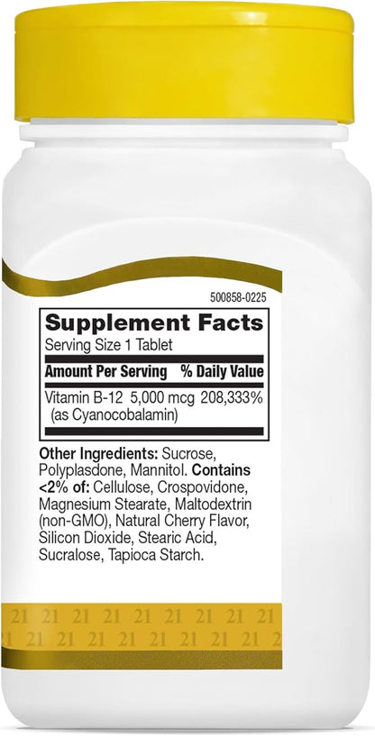 21st Century B-12 5000 mcg, 110 Cherry Flavored Sublingual Tablets, 110 Count