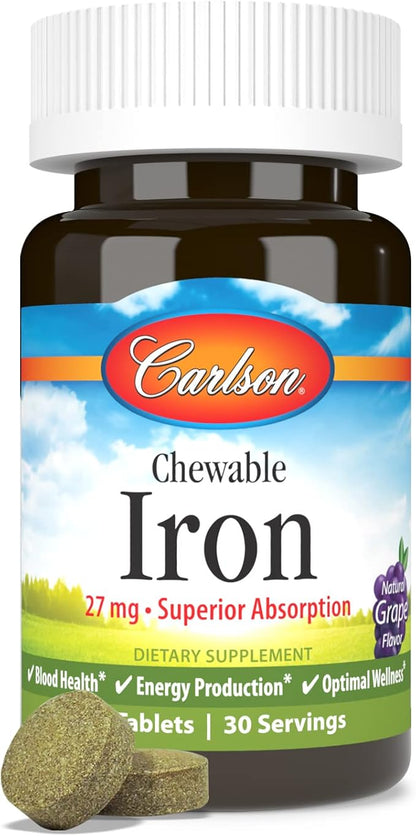 Carlson Chewable Iron 27 mg, Grape, Blood Health, 30 Tablets