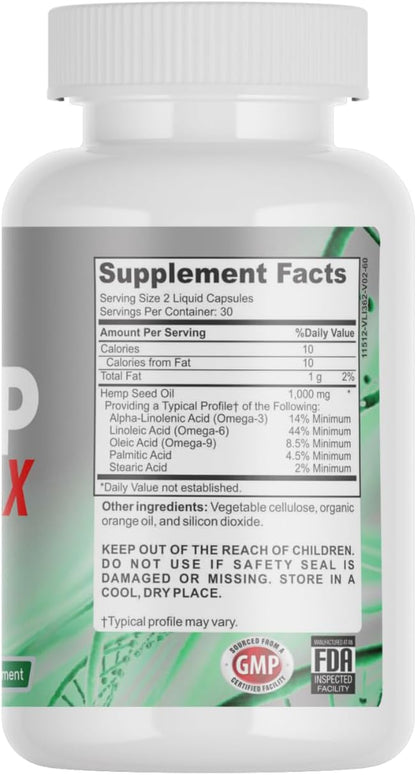 Hemp Seed Oil Capsules 1000mg with Triple Omega 3 6 9 | Organic Supplement with Essential Fatty Acids for Joint Support Relaxing Mood and Skin Health - 60 Liquid Vegan Capsules, Non-GMO, Made in USA.