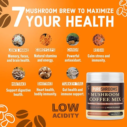 Perfect 7 Mushroom Coffee - Ultra Concentrated Mushroom Extracts with Low Acidity Arabica Coffee -Turkey Tail, Lion's Mane, Cordyceps, Reishi, Shiitake, Maitake, Chaga (100 Grams/3.53oz)