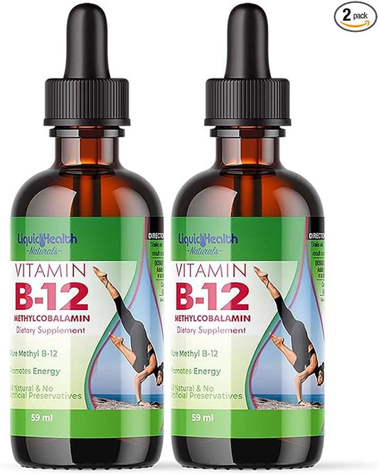 LIQUIDHEALTH Vitamin B12 Methylcobalamin Liquid Drops with Sublingual Hydroxocobalamin - Boost Energy, Support Immune System, Improve Memory & Concentration - Made in The USA, Vegan, Non-GMO (2 Pack)