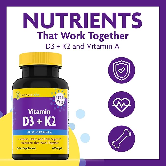 InnovixLabs Vitamin D3 K2-5000 IU Vitamin D3 Plus 600 mcg Vitamin K2 MK4 and MK7 for Max Calcium Absorption, Supports Bone, Immune, Heart Health, 3rd Party Tested, Gluten Free, 60 Softgels