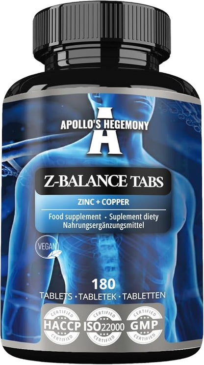 Z-Balance - Zinc 12,5mg + Cooper - 180 Tablets Capsules - 720 Servings - Zinc bisglycinate and Cooper bisglycinate - Supplement for Healthy Hair, Skin and Nails - by Apollo's Hegemony