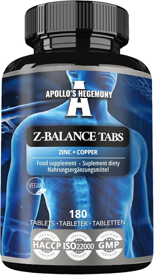 Z-Balance - Zinc 12,5mg + Cooper - 180 Tablets Capsules - 720 Servings - Zinc bisglycinate and Cooper bisglycinate - Supplement for Healthy Hair, Skin and Nails - by Apollo's Hegemony