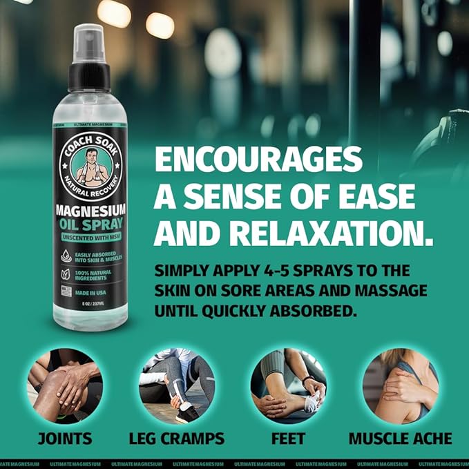 Coach Soak Magnesium Body Spray with MSM, Unscented, Extra Strength Magnesium Chloride, Pure Topical Magnesium Oil Spray for Feet & Body, Made in USA
