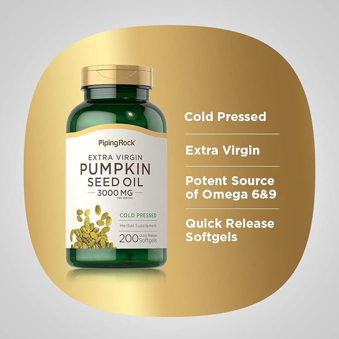 Piping Rock Pumpkin Seed Oil Softgel Capsules | 3000mg | 200 Count | Cold Pressed Herbal Supplement | Extra Virgin | Non-GMO, Gluten Free
