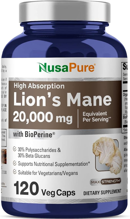 NusaPure Lions Mane 20:1 Extract (20,000 mg Equivalent) - Made with Organic Lion`s Mane, Bioperine - 30% Polysaccharides - 120 Veggie Caps. Non-GMO, Gluten Free