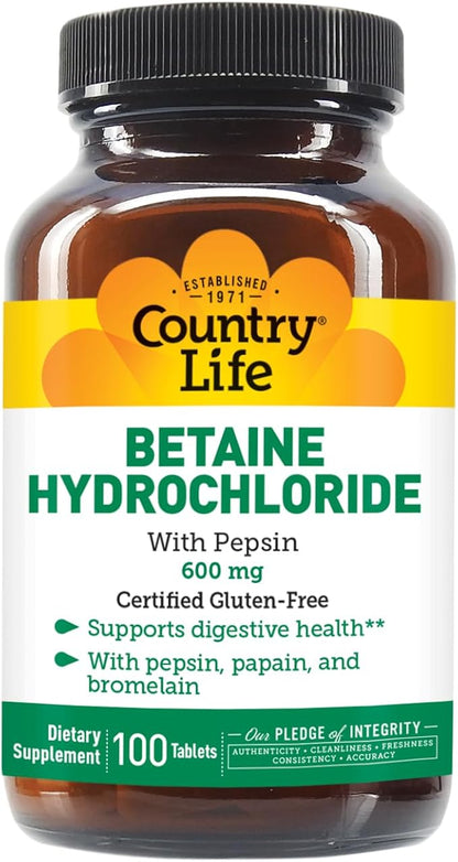 Country Life Betaine Hydrochloride with Pepsin, 600mg, 100 Tablets, Certified Gluten Free