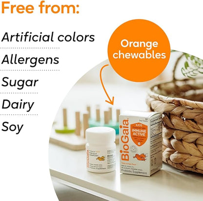 BioGaia Immune Active Kids | Probiotic + Vitamin D | for Digestive & Immune Health | Ages 3+ | Allergen, Dairy, Soy & Gluten Free | Trusted by Pediatricians | 30 Day Supply | Orange Flavored Chewable