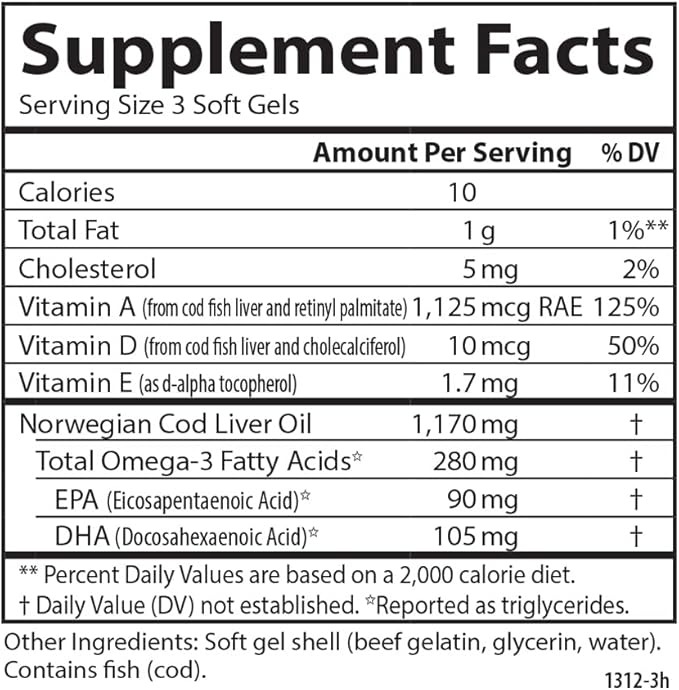 Carlson - Cod Liver Oil Minis, 280 mg Omega-3s + Vitamins A & D3, Heart Support & Cognitive Function, Vision Health, 250 Mini Soft Gels