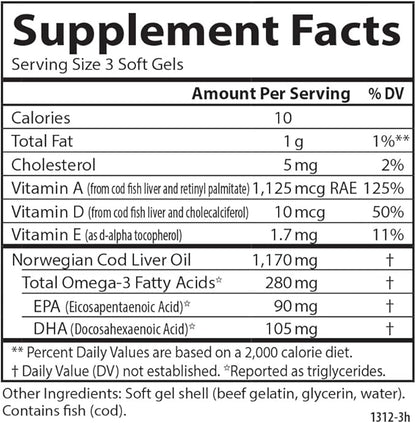 Carlson - Cod Liver Oil Minis, 280 mg Omega-3s + Vitamins A & D3, Heart Support & Cognitive Function, Vision Health, 250 Mini Soft Gels