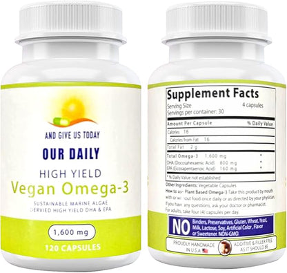 Our Daily Vites Vegan Omega-3 Supplement - Marine Algal Source for DHA & EPA Fatty Acids - Plant-Based Fish Oil Alternative - Carrageenan Free Softgels for Eye Health & Optimal Wellness