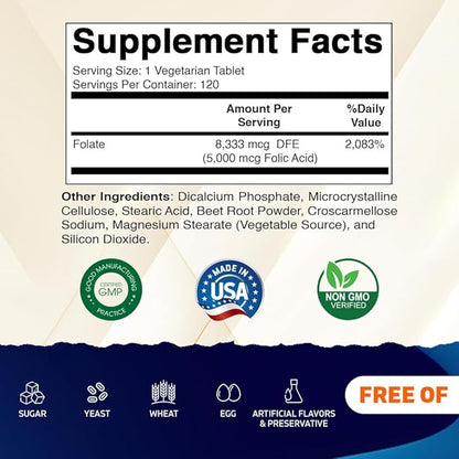 Vitamatic Folic Acid 5mg (5000 mcg) – 120 Vegetarian Tablets per Bottle – Vitamin B9 (Folate) – 3-Pack | Total 360 Tablets