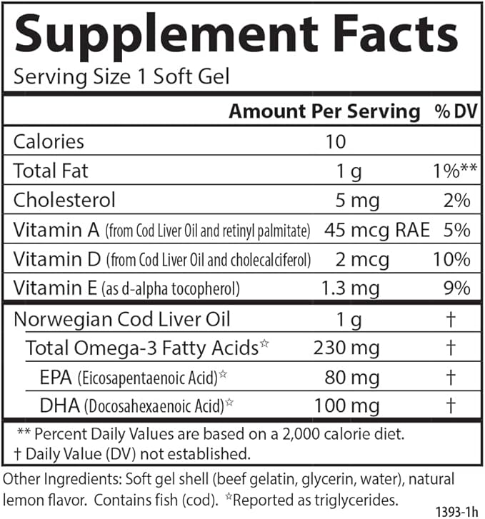 Carlson - Cod Liver Oil Gems, Low Vitamin A, 230 mg Omega-3s, Norwegian, Wild Caught, Sustainably Sourced, 300 Softgels