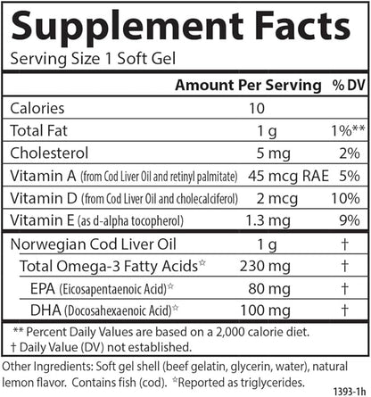 Carlson - Cod Liver Oil Gems, Low Vitamin A, 230 mg Omega-3s, Norwegian, Wild Caught, Sustainably Sourced, 300 Softgels