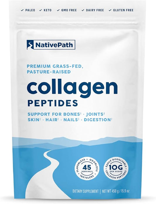 NativePath Collagen Peptides Protein - Hydrolyzed Type 1 & 3 Collagen Powder for Skin, Hair, Nails - 15.9 oz (45 Servings)