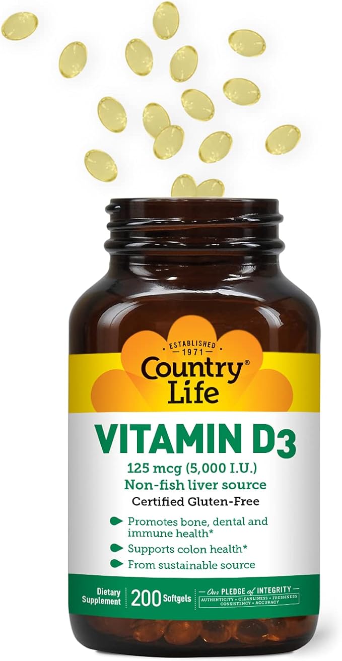Country Life Vitamin D3 5000 IU for Immune and Bone Health, Calcium Absorption, and Colon Health - Sustainable Source from Lanolin, Available in Various Strengths