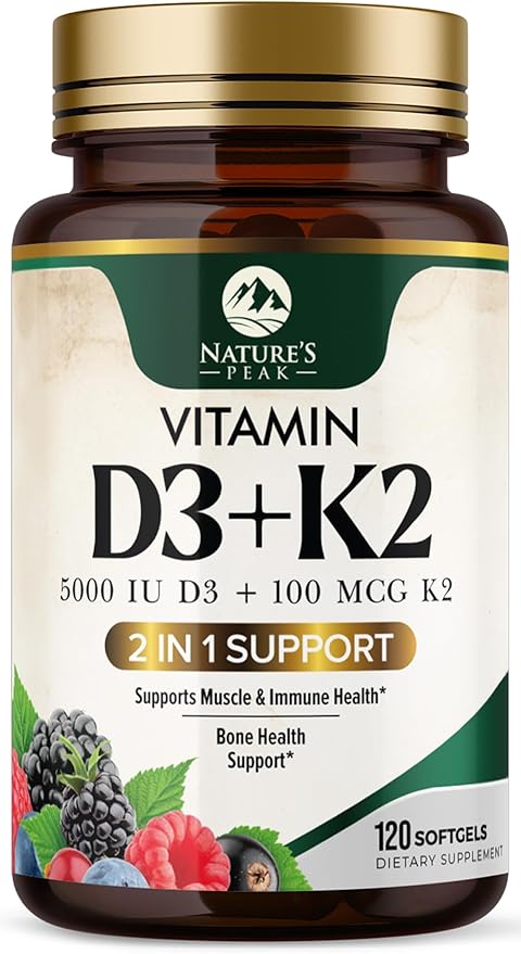 Vitamin D3 K2 Supplement | 5000 IU Vitamin D3 & 100 mcg Vitamin K2, 2 in 1 Vitamin D with K2 Complex Softgels, Support Immune, Heart, Joint, Teeth & Bone Health, Easy to Swallow, Non-GMO, 120 Softgels