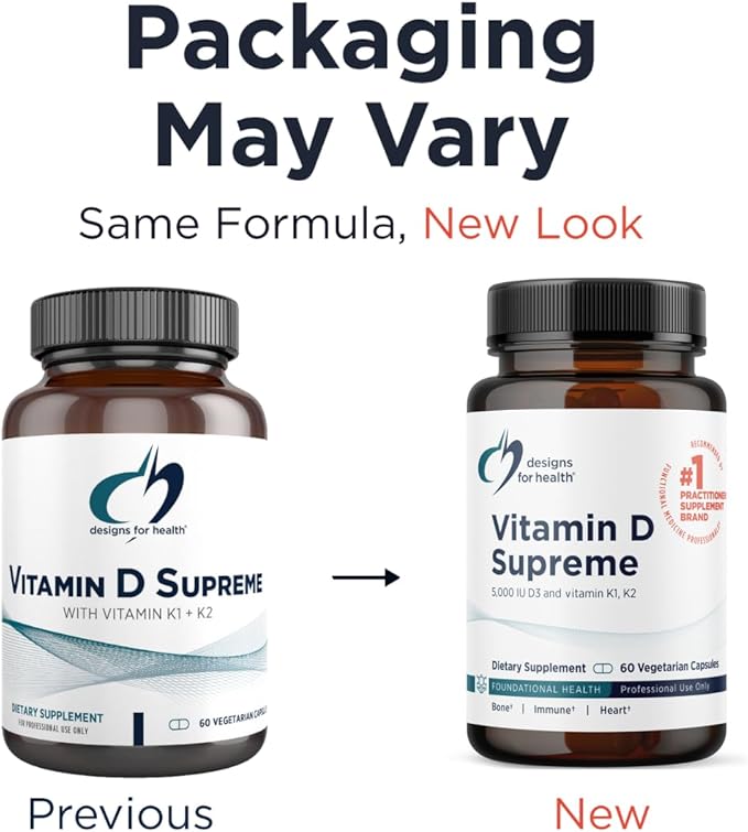 Designs for Health Vitamin D Supreme - Vitamin D 5000 IU with 2000mcg Vitamin K as MK4 for Bone Health, Heart Health & Immune Support - Vitamin D3 Enhanced with GG Supplement (60 Capsules)