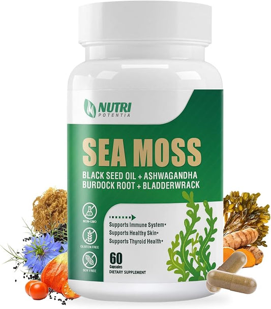 Sea Moss Black Seed Oil Ashwagandha Ginger Supplement - Irish Sea Moss with Turmeric, Bladderwrack & Burdock - 16 in 1 Immune, Joint and Gut Support - 60 Capsules