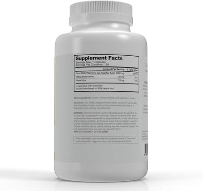 Vitamin C 1000 mg Daily Immune Support with Rose HIPS & Citrus Bioflavonoids Healthy Skin & Joints Buffered Non-GMO Non Acidic, 120 Capsules