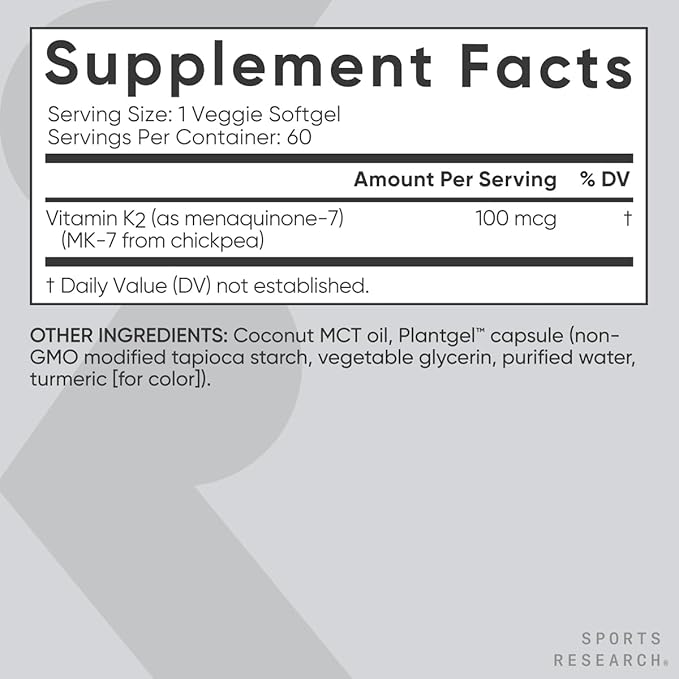 Sports Research Vitamin K2 as MK7 with Organic Coconut MCT Oil | Non-GMO Verified, Vegan Certified (60 Veggie-Softgels)