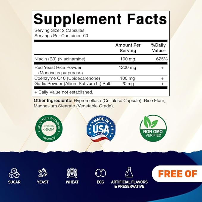 Vitamatic Citrinin-Free Red Yeast Rice 1200 mg. Capsules with CoQ10 100mg, Flush Free Niacin 100mg, & Garlic Powder 20mg - 120 Veg Capsules