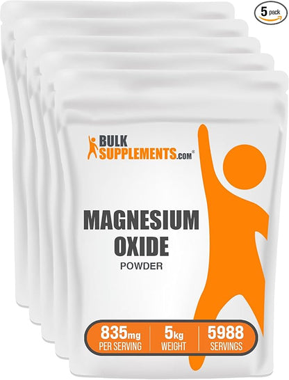BulkSupplements.com Magnesium Oxide Powder - Magnesium Oxide Supplement, Magnesium Oxide 500mg - Gluten Free, 835mg (500mg of Magnesium) per Serving, 5kg (11 lbs) (Pack of 5)