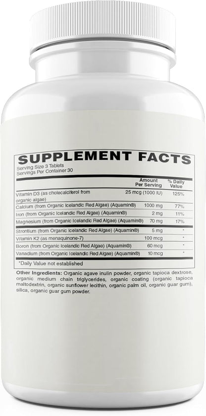Plant Calcium | 1000mg Certified Organic Whole Food Calcium from Organic Icelandic Red Algae with Vitamin D3, Vitamin K2 and Magnesium | 72 Trace Minerals | 90 Vegan Tablets