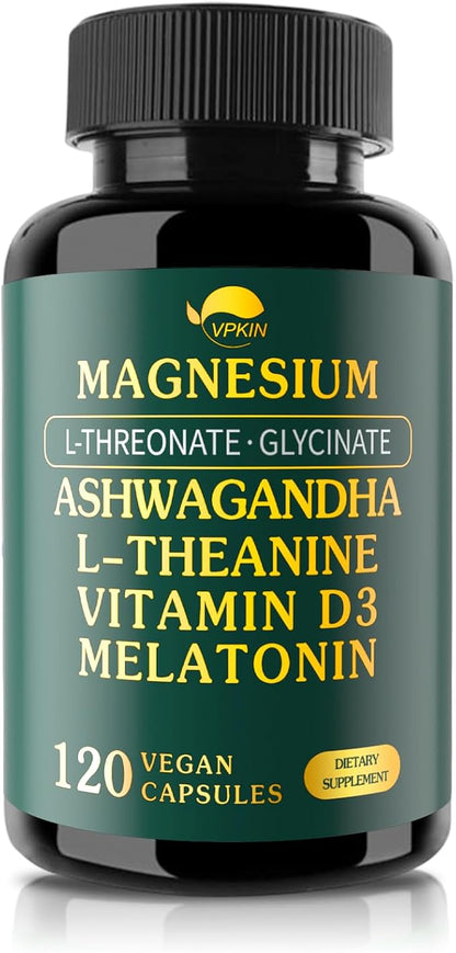 Magnesium Ashwagandha Supplement,Magnesium L-threonate & Glycinate,Melatonin,L-Theanine Plus Vitamin D3,Gluten Free,120 Capsules