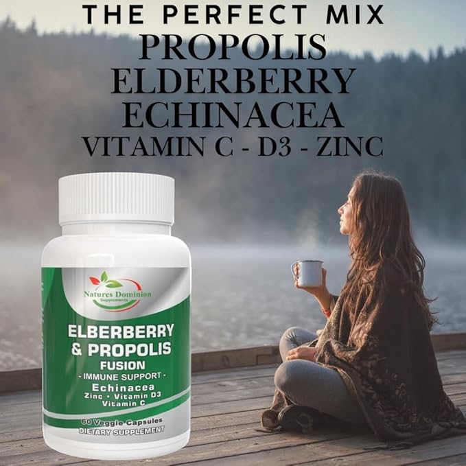 Propolis Extract Organic Elderberry with Echinacea, Vitamin D3, Vitamin C and Zinc. Elderberry Immune Support Supplement with Bee Propolis. Daily Immune Booster. Propolis and Elderberry Fusion