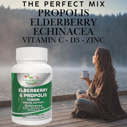 Propolis Extract Organic Elderberry with Echinacea, Vitamin D3, Vitamin C and Zinc. Elderberry Immune Support Supplement with Bee Propolis. Daily Immune Booster. Propolis and Elderberry Fusion