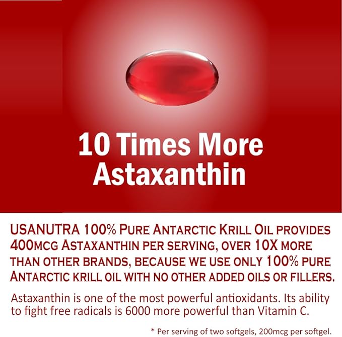 Antarctic Krill Oil Softgels 100% Pure with Omega-3 EPA DHA Astaxanthin 1000mg per Day (2 Softgels). Made in The USA