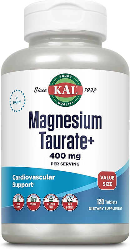 KAL Magnesium Taurate 400mg Plus Vitamin B6, Chelated Magnesium Supplement, High Absorption Magnesium Complex, Muscle and Heart Health Support, Vegan, Gluten Free, 60-Day Guarantee, 60 Serv, 120 Tabs