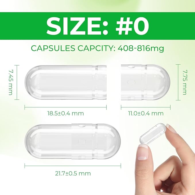 Size 0 Capsules Empty Vegan Plant Based Clear (500 Count) Gluten Free, Non-GMO, Halal Certified Pill Caps Filling Kit with 2 Spoons for Vegetarian DIY Your Own Supplements