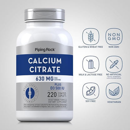 Piping Rock Calcium Citrate with Vitamin D3 | 630 mg | 220 Caplets | Supplement for Women and Men | Vegetarian, Non-GMO, Gluten Free