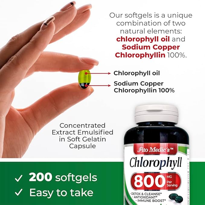 FITO MEDIC'S Lab - Chlorophyll - Pure - 800 mg per Serving- 200 Softgels - Chlorophyll Capsules -Detox Cleanse, Greens Supplements- Chlorophyll Pills - Ultra high Absorption.