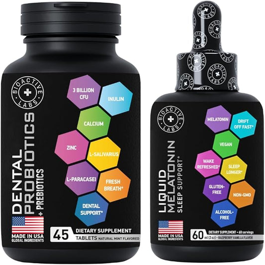 Liquid Melatonin 3mg and Dental Probiotics for Teeth and Gums Advanced Health Bundle
