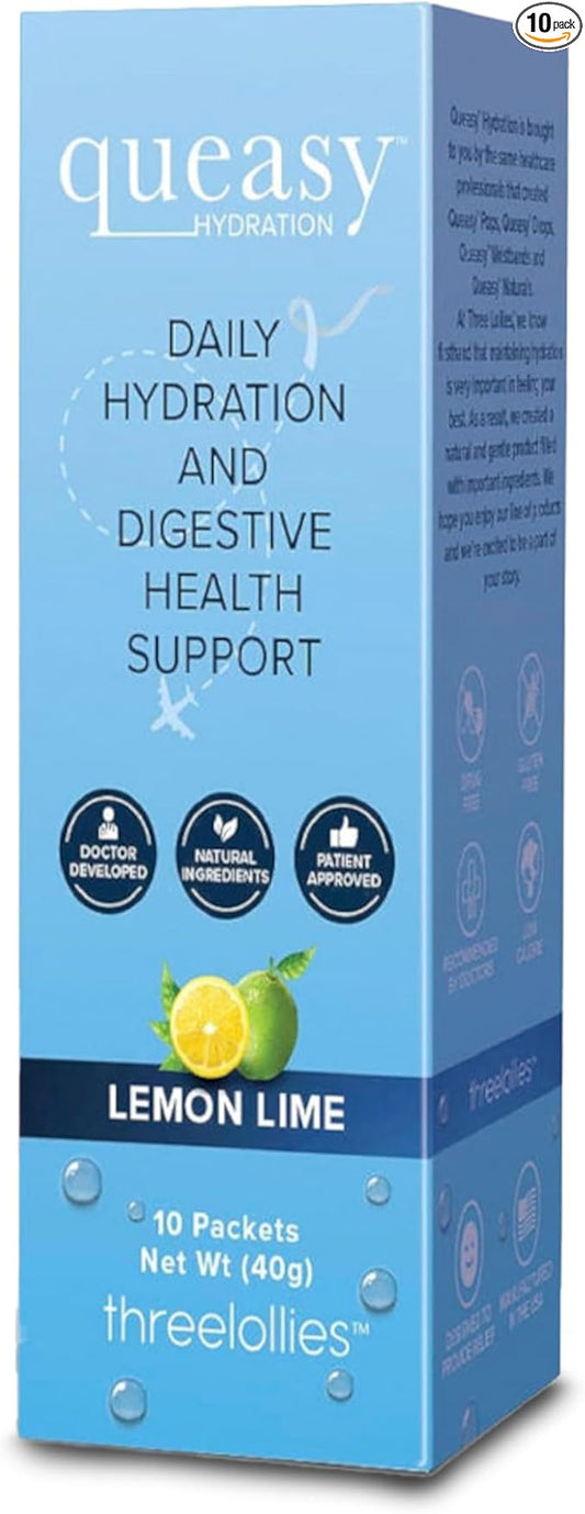 Three Lollies Queasy Hydration MD Packets - Natural Digestive Support During Treatment, Rehydrates, Eases Nausea & Replaces Nutrients - 10 Packets