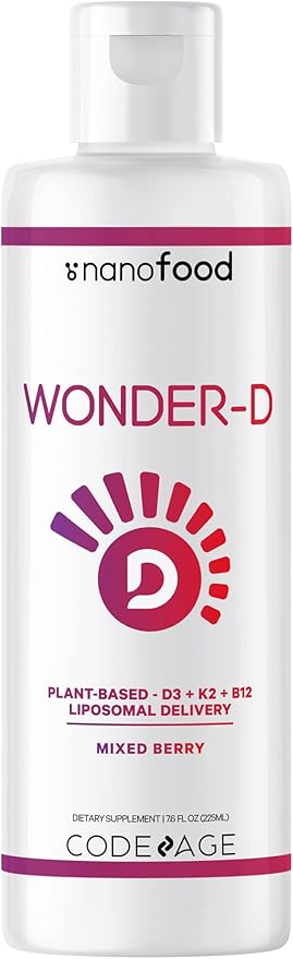Codeage Liposomal Wonder-D, Vegan Cholecalciferol Vitamin D3 1000 IU Liquid Drops Supplement, Plant-Based Vitamins B12 & K2, Non-GMO Sunflower Phospholipids, Vitamin E, Mixed Berry Flavor, 7.6 fl oz