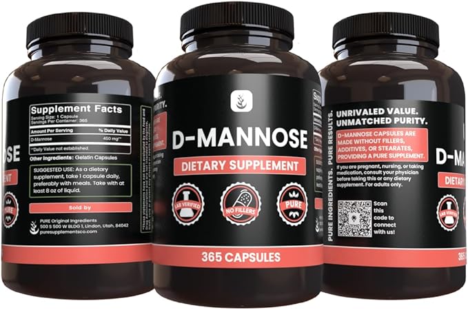 PURE ORIGINAL INGREDIENTS D-Mannose (365 Capsules) No Magnesium Or Rice Fillers, Always Pure, Lab Verified